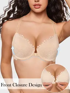Women's 1/2/3-Pack Bohemian Push-Up Bra Set - Front-Closure Lace Dainty Everyday Bras, Backless Racerback, Breathable Solid Color Underwire with Elegant Buckle, Full Coverage Comfortable Fabric, Hand Wash Only, Lace Everyday Bras