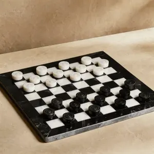 Marble Checkers Set with Storage Case - Black and White