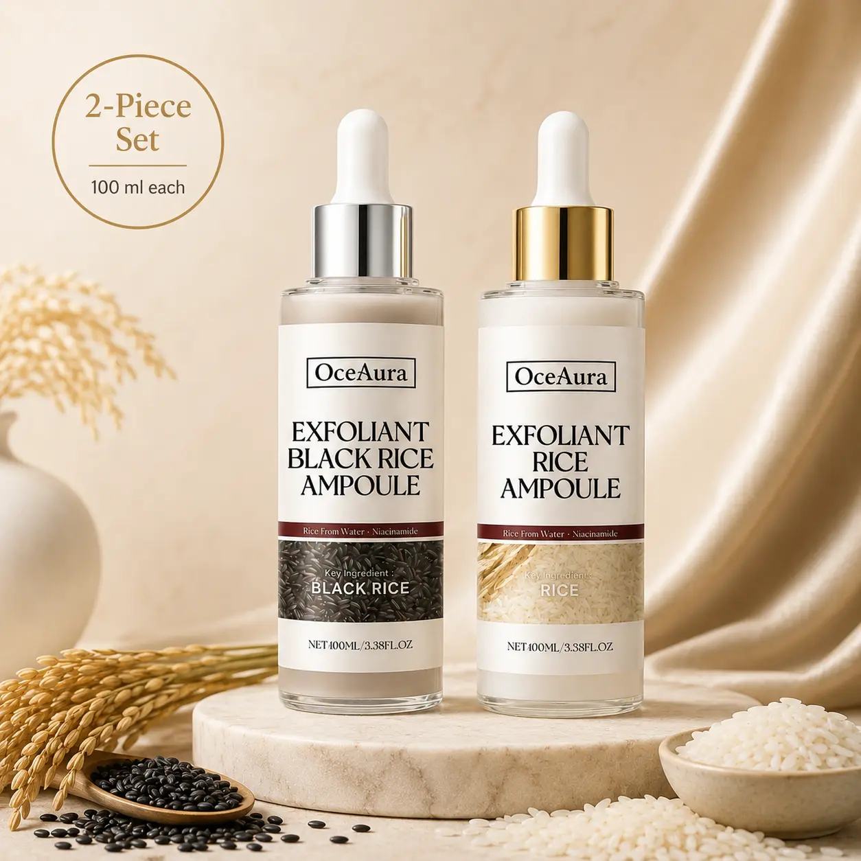 Black Rice & Rice Extract Facial Serum 2-Piece Set - Gentle Exfoliating Self-Care Dropper Essence, Hydrate, Pore Control, Lightweight Daily Glow Moisturizer for Smooth Skin, 100ml Each