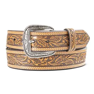 A1012408 Ariat Men's Floral Tooled Double Stitch 1 1/2" Belt - Tan