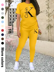 Cakvin Letter printing Women's Casual Sporty Two-Piece Set, Athleisure Wear Set, Fashion Print Short Sleeve Top + Tight Pants, Spring & Fall, Fitted Thin Fabric