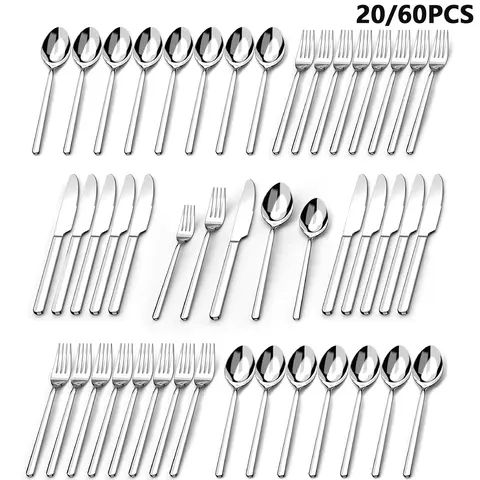 Classic Premium Stainless Steel Tableware Cutlery - 20/60 Pcs Service for 4/12 Person, Rust-Free Minimalist Dinnerware Sets, Graceful Line Forks/Spoons/Knives, Mirror Polished, Dishwasher Safe for Home & Formal Events