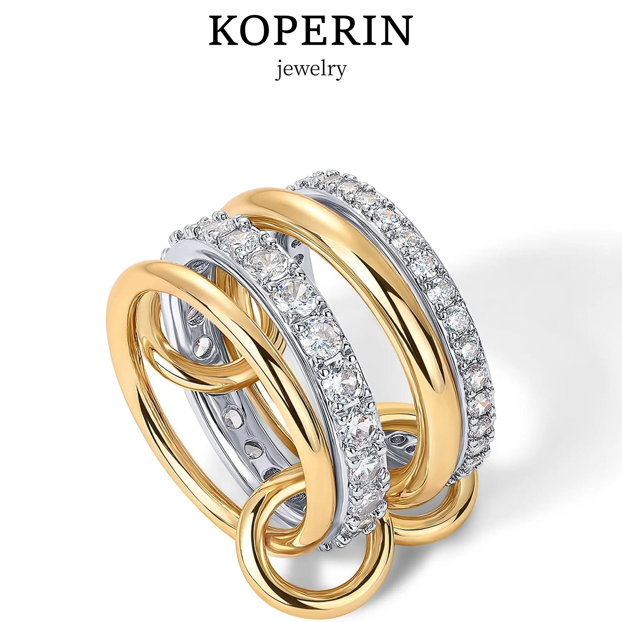 KOPERIN Women's 5pcs Mixed Metal Interlocked Stackable Finger Rings, Cubic Zirconia Statement Accessories, Summer Fashion Gift