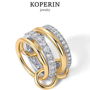 KOPERIN Women's 5pcs Mixed Metal Interlocked Stackable Finger Rings, Cubic Zirconia Statement Accessories, Summer Fashion Gift