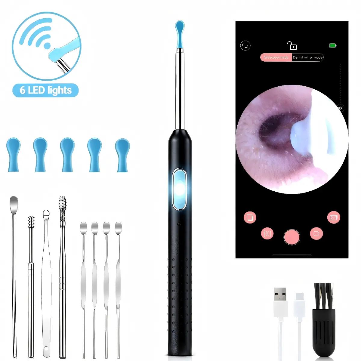 Ear Wax Removal Kit with 1080P Camera & 6 LED Lights for iPhone iPad & Android Ear Cleaner Tool Black Rechargeable Wax Remover with Dual Ear Spoon Set Ear Pick Set Ear Irrigation Kit