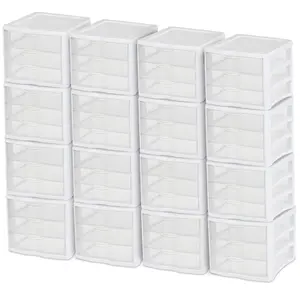 Sterilite ClearView Compact Stacking 3 Drawer Storage Organizer System, 16 Pack