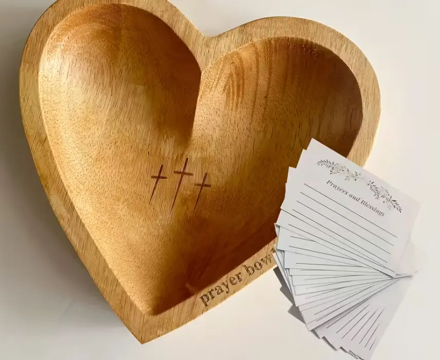 Wooden Heart Prayer Bowl Set - Handcrafted Religious Decor with 30 Cards, Prayer Room Decor, Religious Collectibles for Christmas, Easter Gifts