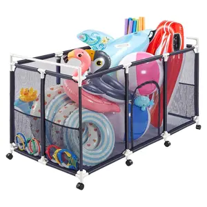 Durable Plastic Rolling Pool Multipurpose Storage Bin Organizer Unit (62.6x32x36 in) with Side Pockets, Casters, Lockable Wheels, Zipper Access, Mesh Basket for Poolside Toys & Noodles