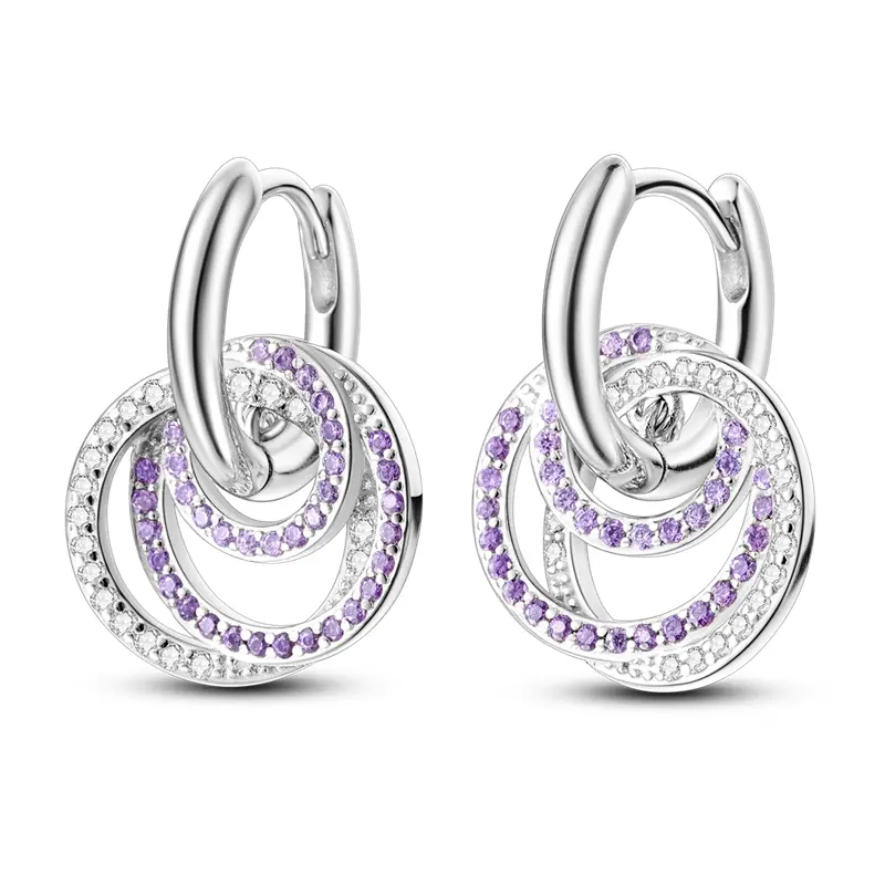 Silver Plated Interlocking Hoop Earrings for Women Sparkly Purple & White Cubic Zirconia Dainty Huggie Hoops Everyday Jewelry