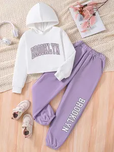 Girl's Letter Print Hooded & Sweatpants Set, Casual Long Sleeve Hooded Pullover & Elastic Waist Trousers, Spring & Fall Clothes for Kids Outdoor Holiday, Casual Outfit Set, Casual Fashion Set