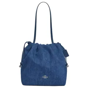 Coach Faye 28 Classic Logo Drawstring Denim Bucket Bag for Women, Large, Blue