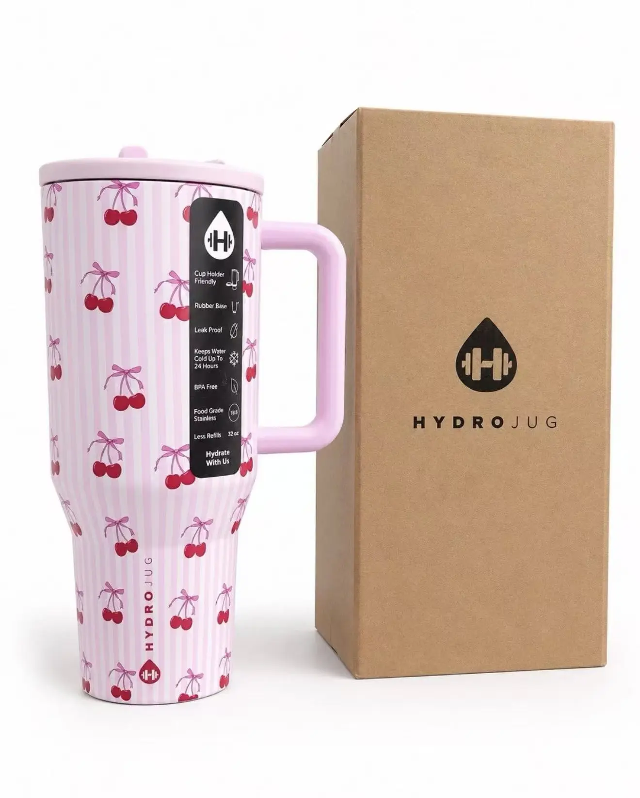 HydroJug 32oz Insulated Bottle, Pink Cherry Color, Stainless Steel with Handle, Portable Water Bottle with Handle and Straw, Easy to Clean, Stylish Vacuum Cup, Summer Commuting, Valentine's Gift for Girls, Water Bottle