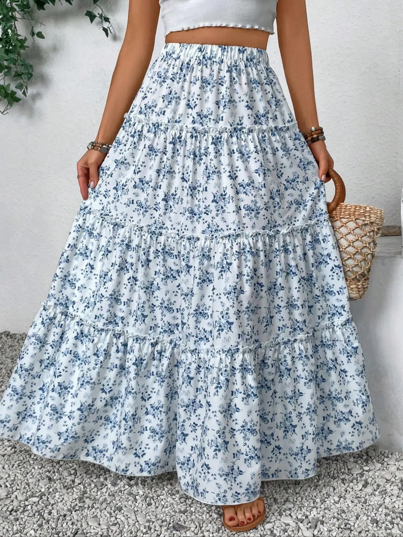 Women's Ditsy Floral Print Frill Trim Ruffle Hem Skirt, Ruffled Hem Skirt, Elegant High Waist Maxi Skirt for Daily Holiday Vacation Wear, Ladies Bottoms for All Seasons