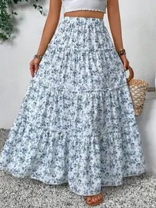 Women's Ditsy Floral Print Frill Trim Ruffle Hem Skirt, Elegant High Waist Maxi Skirt for Daily Holiday Vacation Wear, Ladies Bottoms for All Seasons