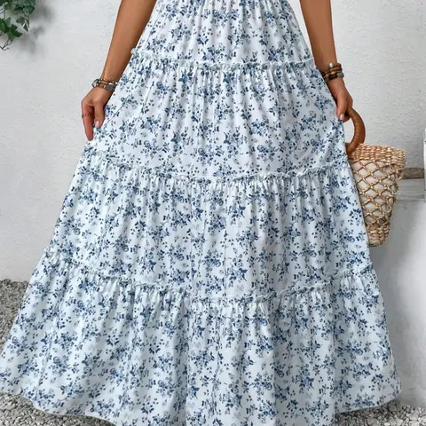 Women's Ditsy Floral Print Frill Trim Ruffle Hem Skirt, Ruffled Hem Skirt, Elegant High Waist Maxi Skirt for Daily Holiday Vacation Wear, Ladies Bottoms for All Seasons, Floral Skirts