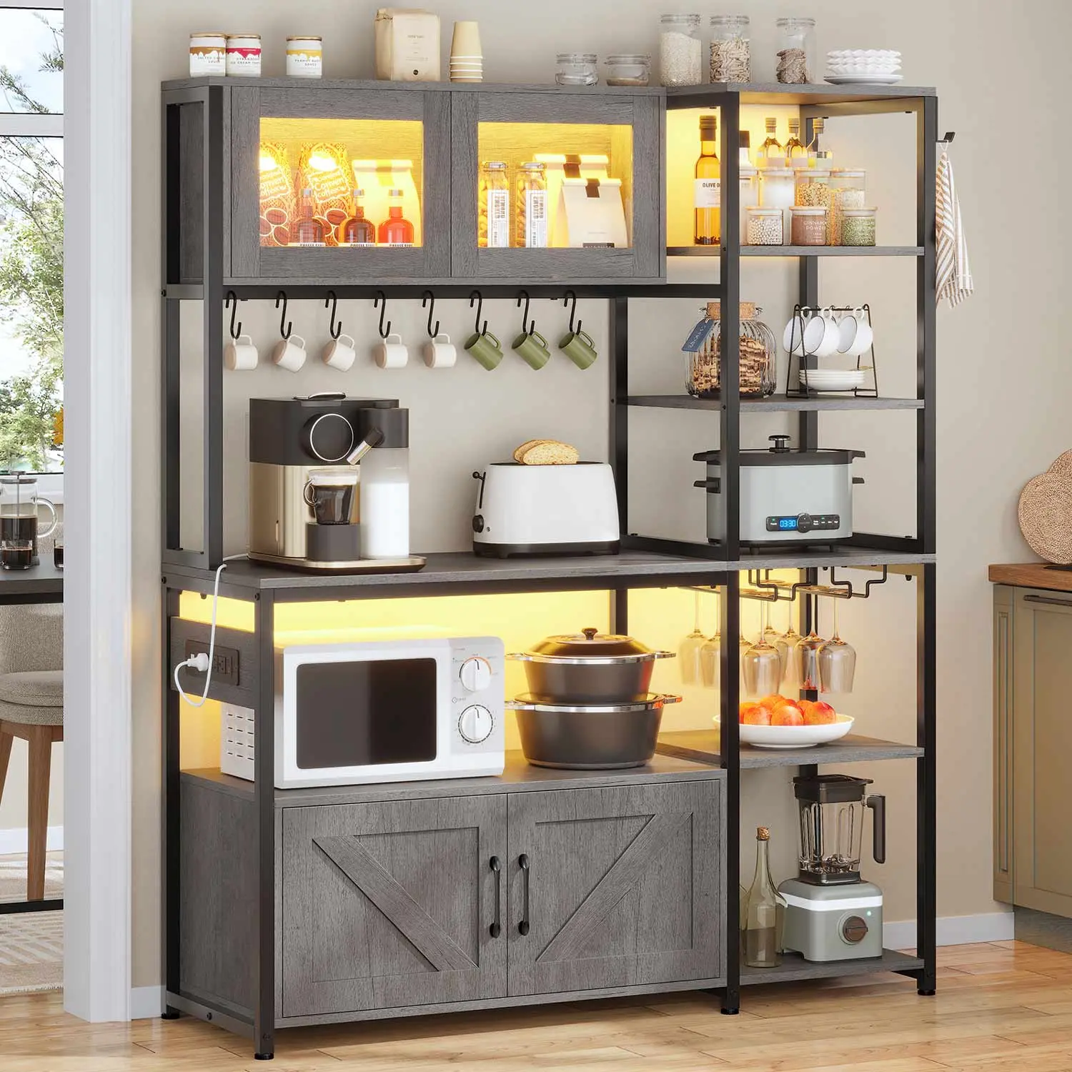 Sikaic Modern Farmhouse Coffee Bar Cabinet with 4 AC Outlets, 45.3in Coffee Rack Shelf, Kitchen-Dining Room Storage Cupboard with Racks, RGB LED Light (Over 60000 Colors), Adjustable Sensitivity Built-In Mic, Bar Decor, Assembly Required (Grey), 2 Usb Cha