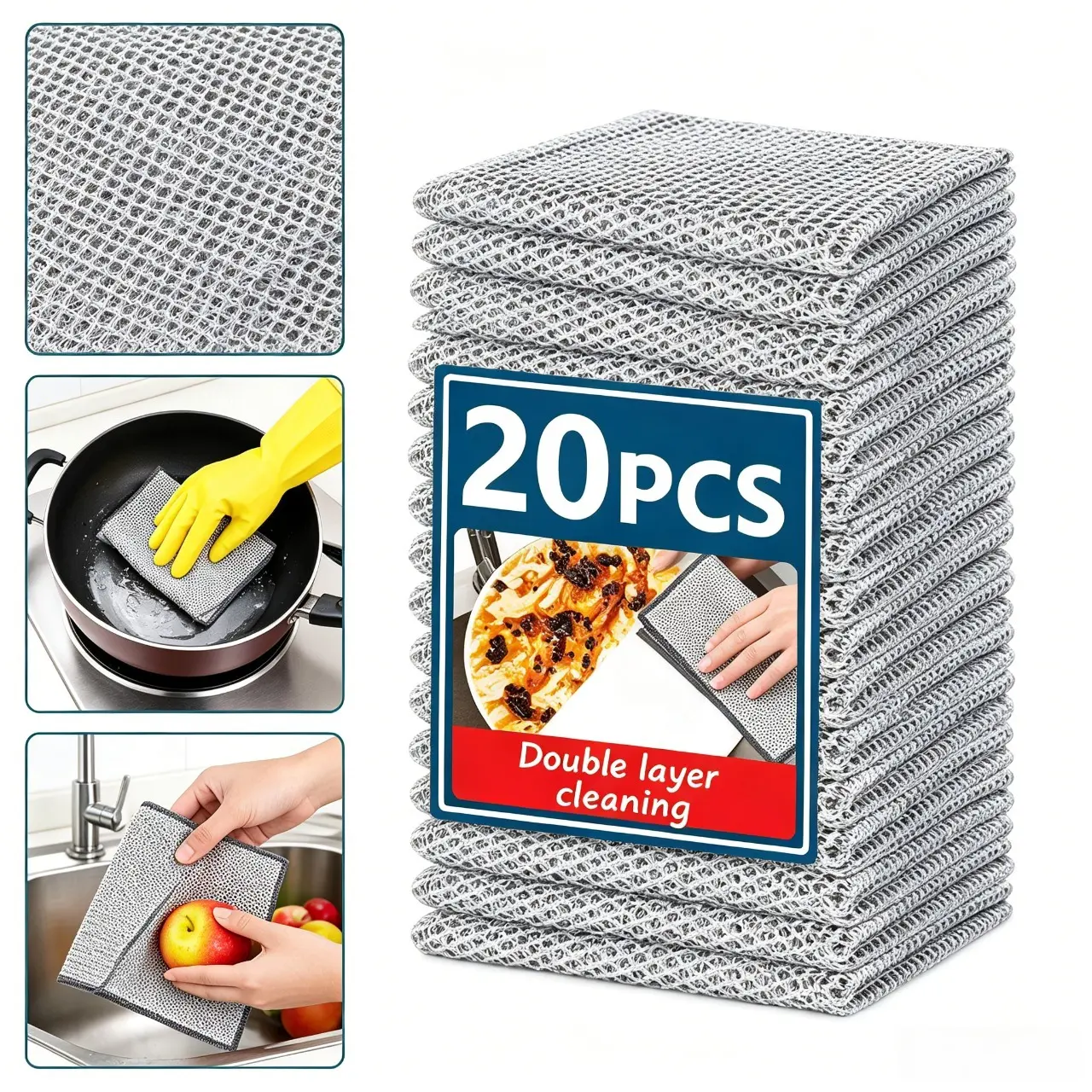 Premium Kitchen Cleaning Tool, Stainless Steel Dish Cloth, 10/20pcs Double-Layer Thickened Metal Scrub Pads, Wet-and-Dry Mesh Microfiber Wipes, Household Daily Cleaning Supplies
