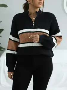 Women's Colorblock Striped Print Half Zip Up Mock Neck Sweater Pullover Top, Casual Loose Drop Shoulder Long Sleeve Jumper, Women's Fall & Winter Knitwear For Daily Wear