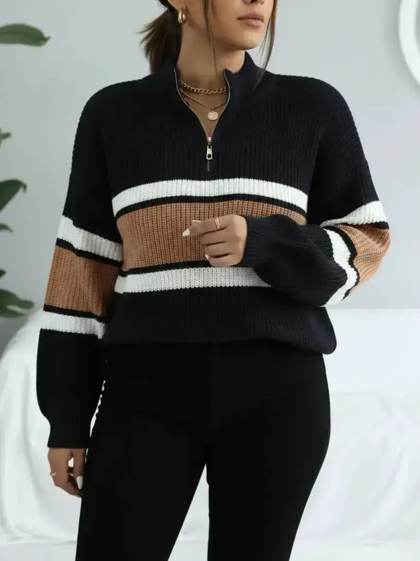 Women's Colorblock Striped Print Half Zip Up Mock Neck Sweater Pullover Top, Casual Knit Tops, Casual Loose Drop Shoulder Long Sleeve Jumper, Women's Fall & Winter Knitwear For Daily Wear Fitted Lady Womenswear
