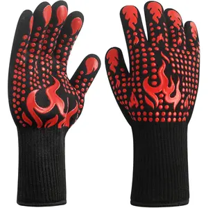 1 Pair/2 Pieces BBQ Gloves, Grilling Gloves, Heat Resistant Barbecue Oven Gloves, 1472?F/800?C Kitchen Fireproof Mitts Heat Proof for Grilling, Baking, Cooking, Welding Gloves Mitts - Red