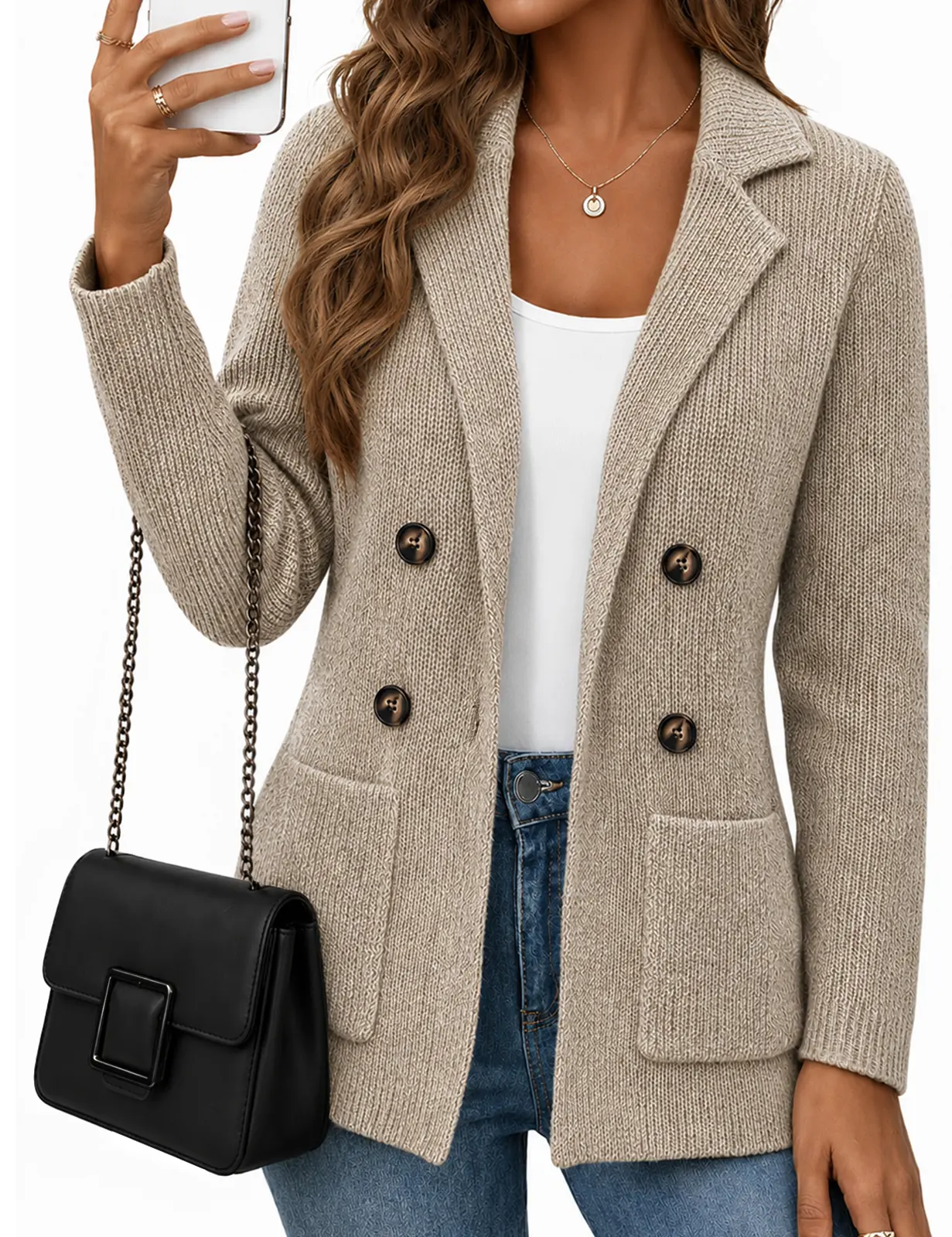 CiCiBird Womens Fall Cardigan Business Casual Knit Sweater Blazer | Front Pockets, Double Breasted, Lapel Collar, Button Down, Long Sleeve, Knit Texture, Polished Office Look, Daily Layering