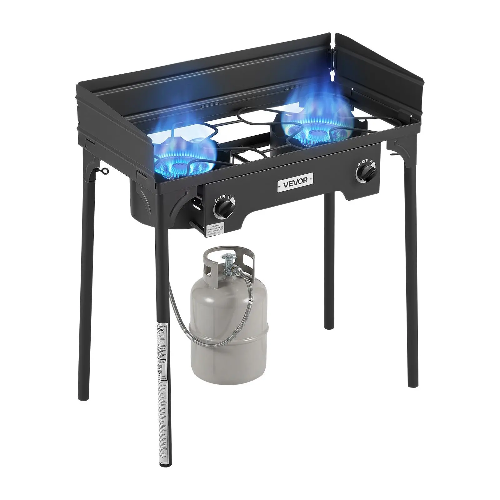 VEVOR 2-Burner Metal Outdoor Propane Gas Stove, 150000 BTU LPG Camping Stove with Heat-Resistant Coating, Camping Accessories, Heavy-Duty Carbon Steel Cooker, Shield, Tall Stand, PSI Regulator for Family Gatherings, Outdoor Adventures#BackToSchool