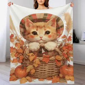 Thanksgiving Cat Blanket Cartoon Pumpkin Blanket, Throw Blanket for Flannel Blankets Lightweight Cozy for Bed Couch Sofa 80"x60"