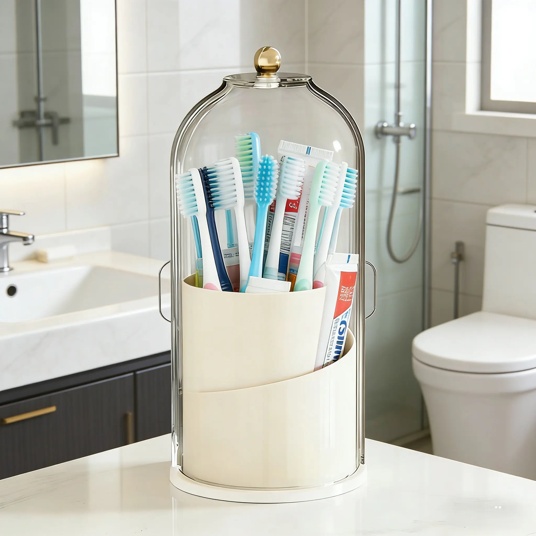 White Dustproof Waterproof Toothbrush Holder with Cover - 360-Degree Rotating Stand, Toothpaste Dispenser, Bathroom Accessory, Bathroom Countertop Organizer, Portable Travel Cover Toothbrush Holder, Home Essential, Christmas Holiday Gift, Cover Toothbrush