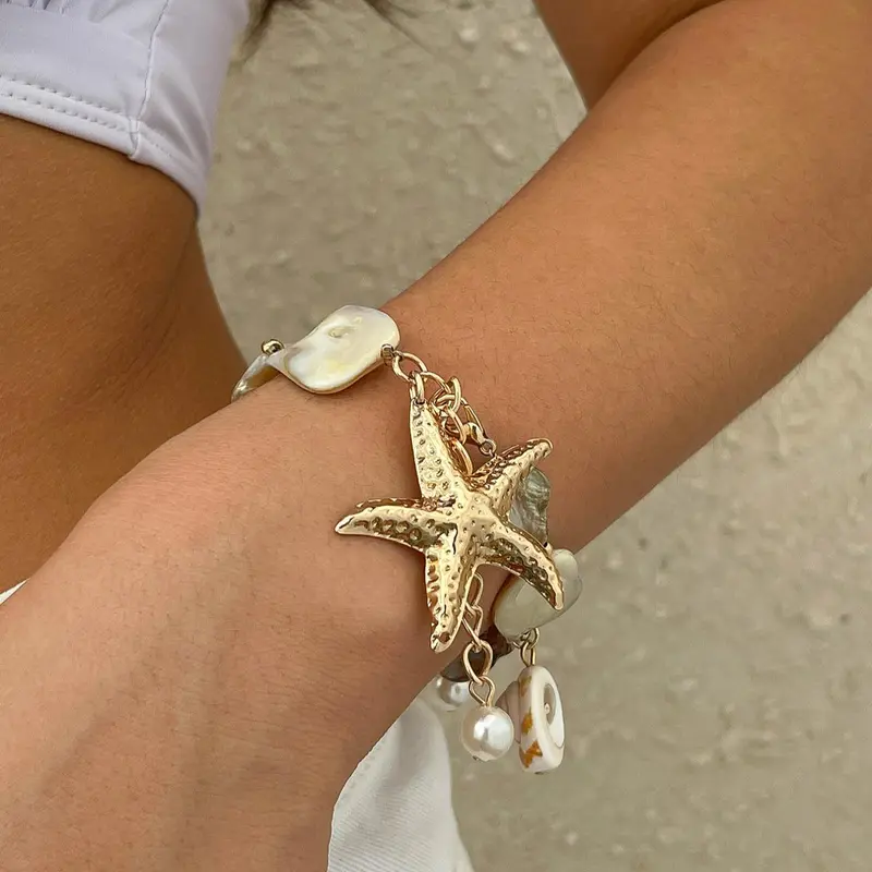 Boho Style Starfish & Shell Decorated Link Chains Bracelet, Fashionable Bracelet, Fashion Jewellery for Party, Daily Clothing Decor, Trendy All-match Jewellery for Birthday Gift, Adjustable Bangle Jewelry, Trendy Stack Bangle, Stacking Bracelet