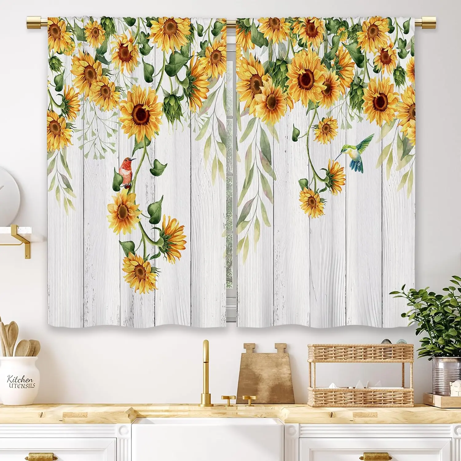 Wooden Farmhouse Sunflower Kitchen Curtains Rustic Country Wood Sunflower Small Short Cafe Window Curtains Flower Floral Plant Bathroom Drapes Treatment Tier Curtains 2 Panels (27.5x39 Inch)