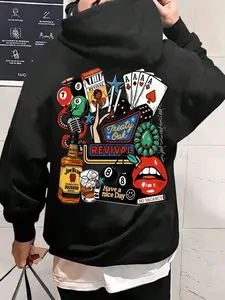Men's Poker Card & Beer Graphic Hoodie, Spring & Fall Loose Fit Long Sleeve Pullover, Casual Fashion Pocket Sweatshirt