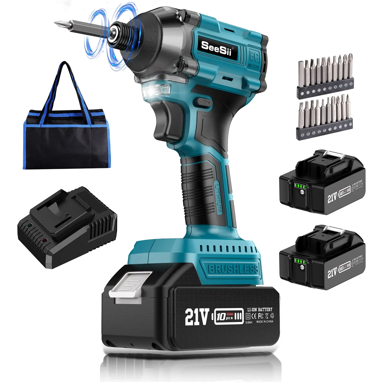 Seesii Brushless Impact Driver, 21V Cordless Impact Driver Kit with Max Torque 2200 in-lbs, 1/4" Hex Chuck Power Impact Driver, 2X 4.0Ah Battery, 0-30