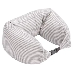 MINISO Light Gray Striped Bread Foam Particle Neck Pillow, Adjustable Buckle Travel U Pillow, Soft Comfort Support Cushion for Flight Car Office Nap