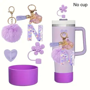 5pcs Tumbler with Handle Accessories Set Including Resin Alphabet Initial Letter Keychain Keyring for Women Purse Handbags Pom Pom Charm Chain Boot Heart Hook and Flower Straw Topper to Keep Your Cup Unique