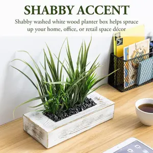 9.5 Inch Artificial Green Grass Plants in Whitewashed Weathered Wood Rectangular Planter, Faux Greenery Centerpiece