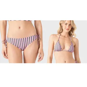 ROXY 2-Piece Striped Bikini Set - Lace Hipster Full Bottom with Side-Ties, Reversible Tiki Triangle 2-in-1 Top (Sports & Outdoor Surfwear)