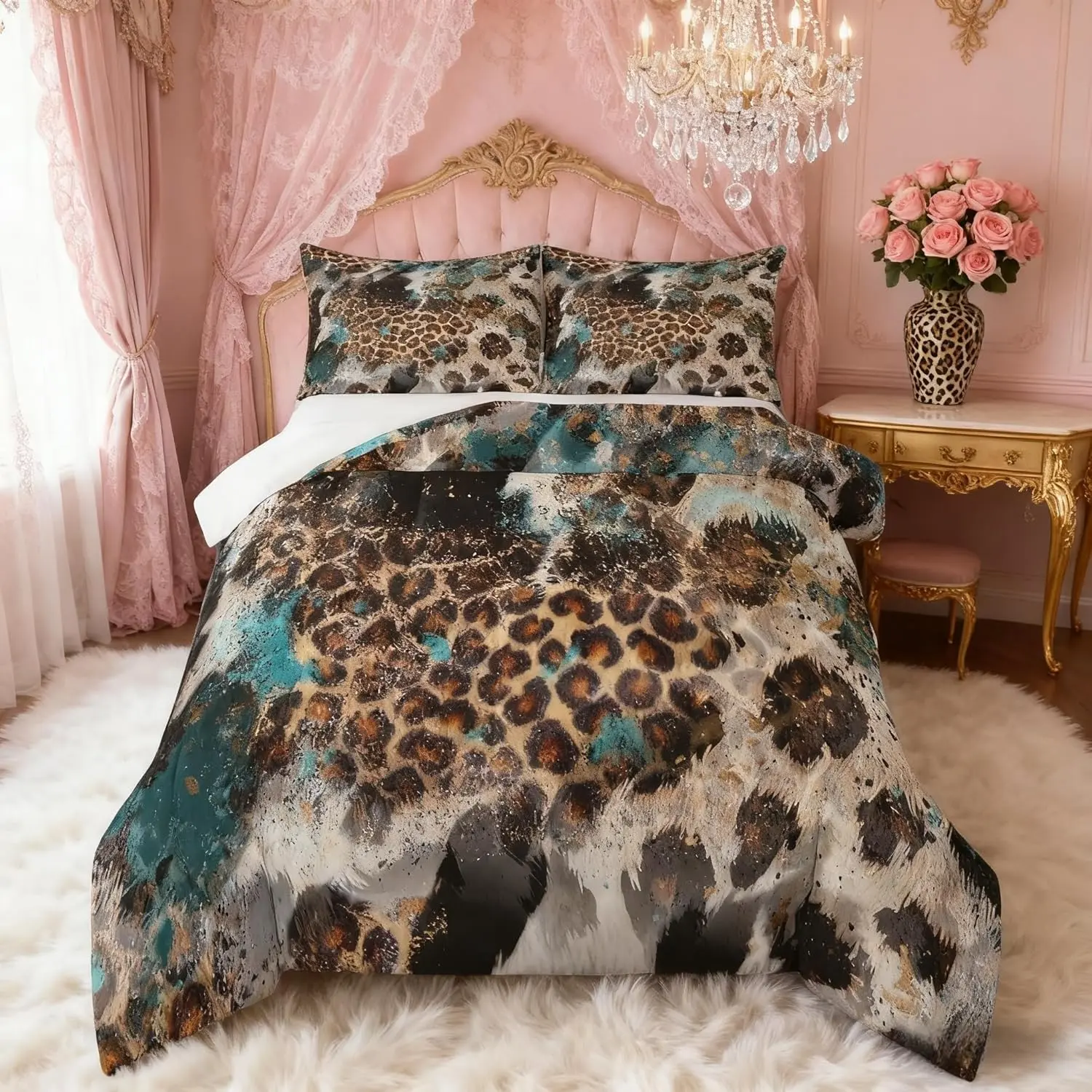 Leopard Print Comforter Set Adults Bedroom Decor,Black White Cow Fur Texture Down Comforter,Abstract Animals Skin Bedding Set,Rustic Farmhouse Duvet Insert