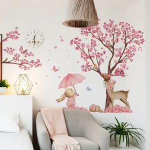 A set of three (30*90cm*3pcs) creative pink big tree and small animal spring and summer wall stickers for decorating home, living room, entrance, corridor, bedroom, and bathroom background walls, Decorative Sticker, model M15024, Wall Decal