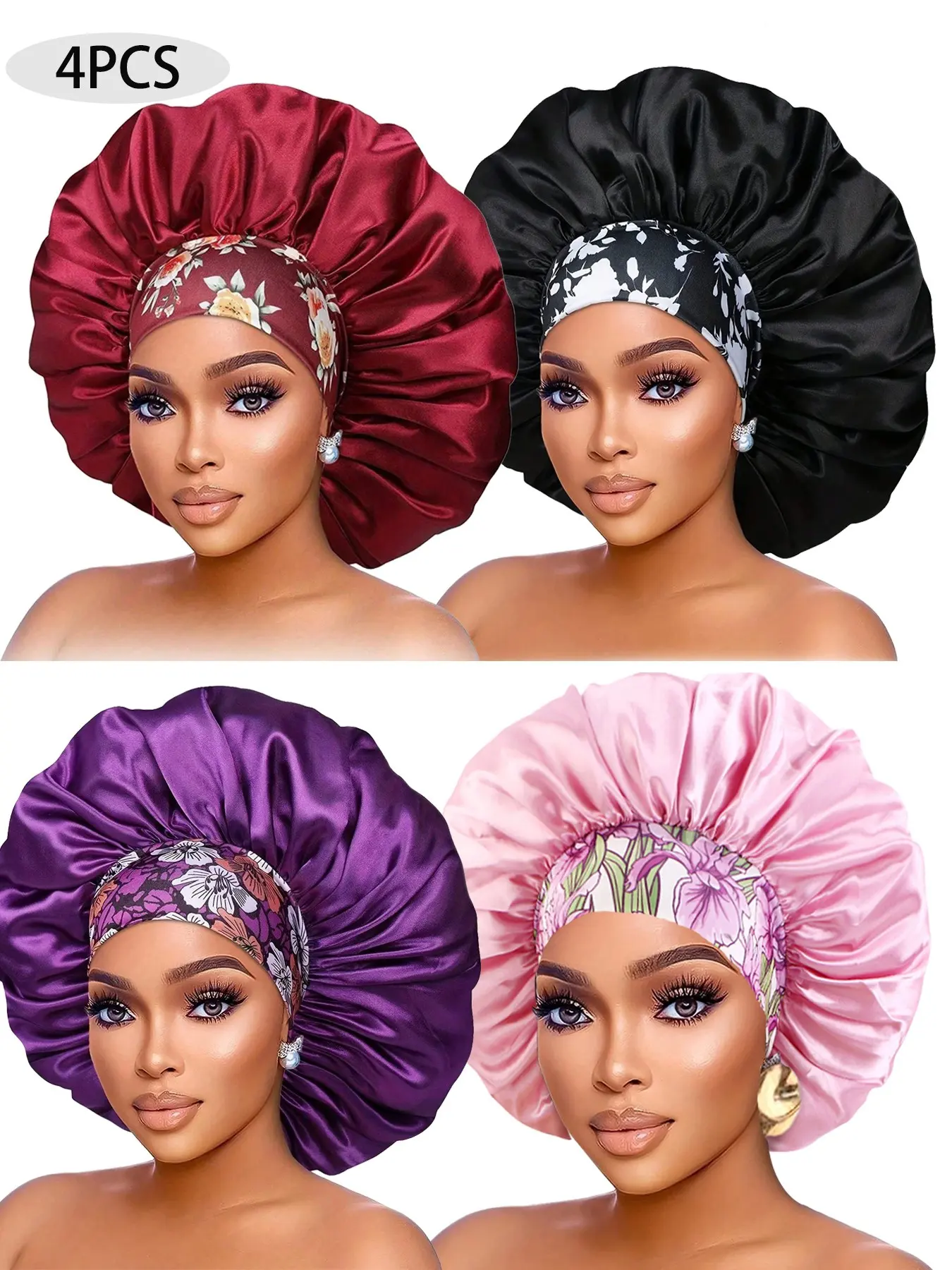 4pcs Women's Plain Color Bonnet, Casual Fashion Ditsy Floral Print, Soft Comfortable Sleeping Bonnet, Bonnets for Women & Girls, Hair Bonnets, Hair Cap For Sleep