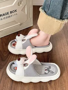Cartoon Rabbit Pattern Women's Slippers, Cute Comfortable Flax Shoe Face, Anti-Slip Thick Sole, Indoor Home Office Shoes