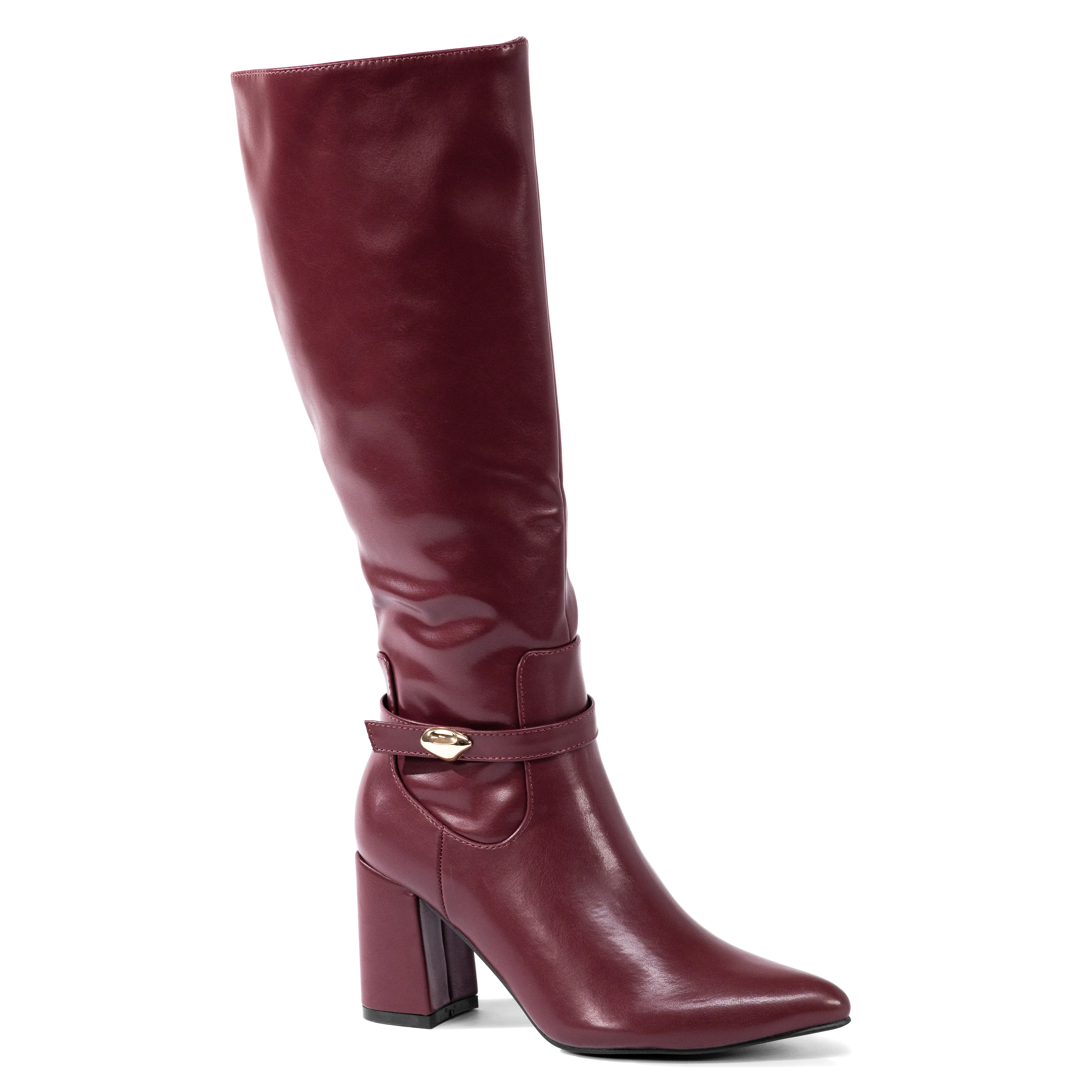 Kenia - Women’s Knee High Dress Boots, Pointed Toe Block Heel Fashion Boots with Buckle Strap Detail, Faux Leather Pull-On Boots for Work, Evening Wear & Elegant Seasonal Styling