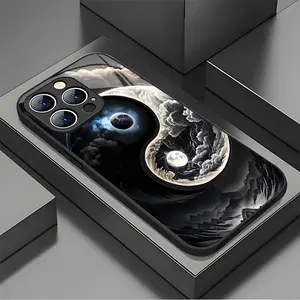 Black white Eight Trigrams pattern Glass Phone Cases For iphone 16 15 14 13 12 11 PRO MAX PLUS tough phone cover hard case PC Back TPU Edge Black Premium Feeling Full Protection Anti-Drop Custom Shell Cover Friend Gift Protector