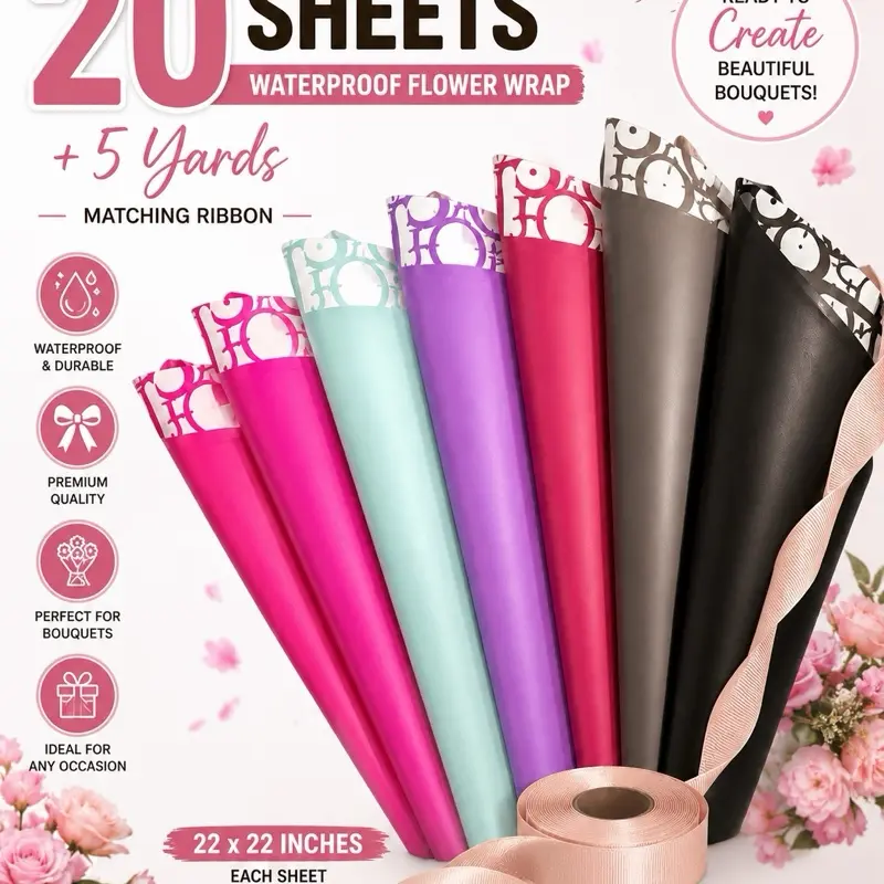 20 Sheets Waterproof Flower Wrap + 5 Yards Matching Ribbon | Perfectly Coordinated Bouquet Wrapping Set | 22x22 Inches
