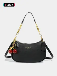 Small fresh  sweet shaped shoulder handbag, white lychee pattern simple classic design, cherry pearl chain bag, exquisite fashion   versatile, niche design suitable for daily commuting, shopping, etc.