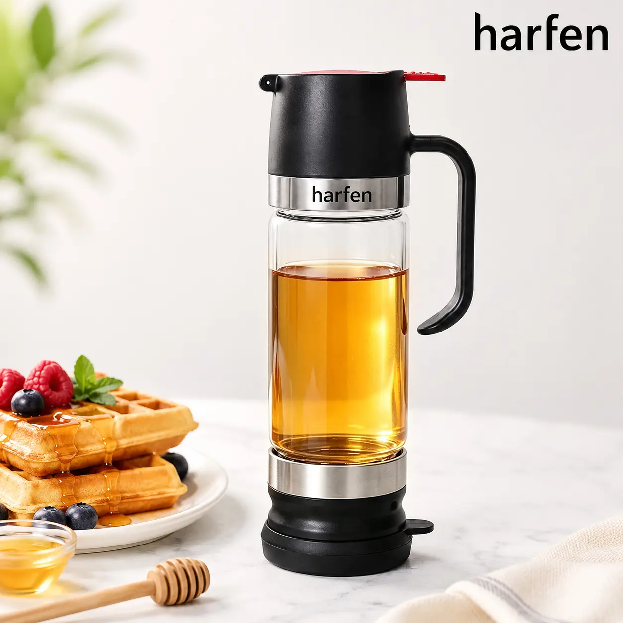 Harfen Glass Honey Dispenser No Drip - 12 OZ Honey Pot Honey Jar with Handle - Maple Syrup Dispenser