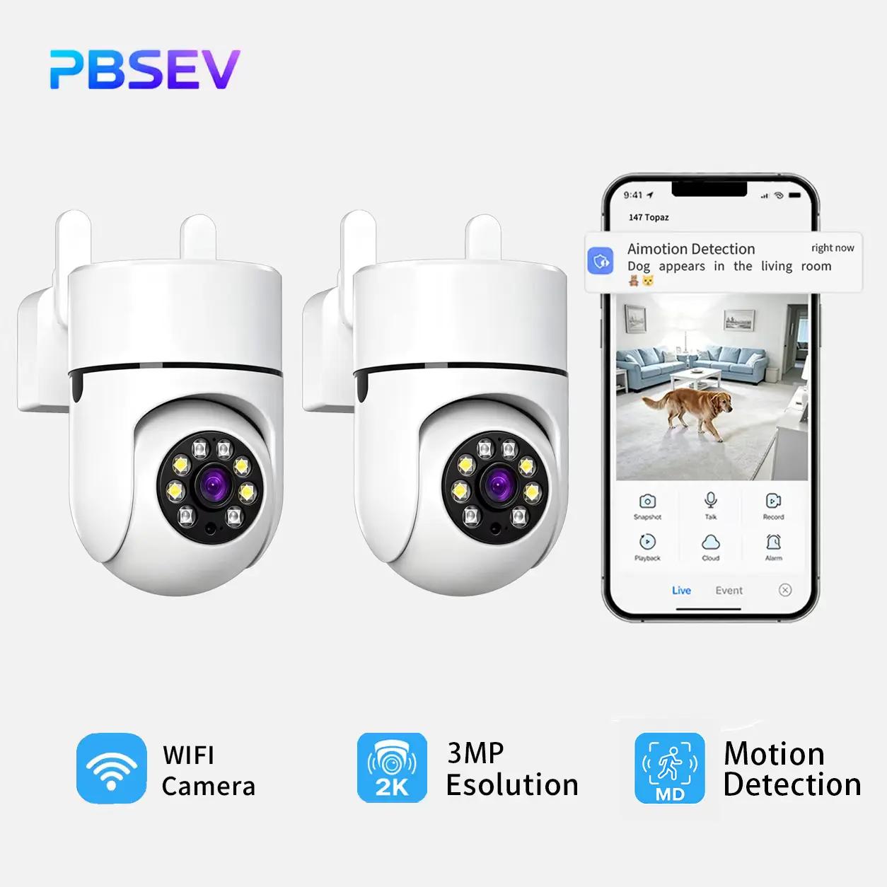 PBSEV Panoramic PTZ Security Camera - 3MP Clear Image, 0 Indoor Monitoring Blind Spots, Auto Human Tracking, Color Night Vision, 2-Way Audio, Motion Alert, Bluetooth, Micro-SD Supported, 24/7 Recording, Safety Emergency Alert