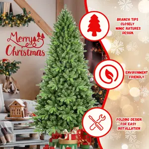 6FT Premium Blue-Green Artificial Christmas Tree – Full & Realistic PE/PVC Branch Tips, Hinged Structure, Easy Assembly & Foldable Metal Stand  （SEO）