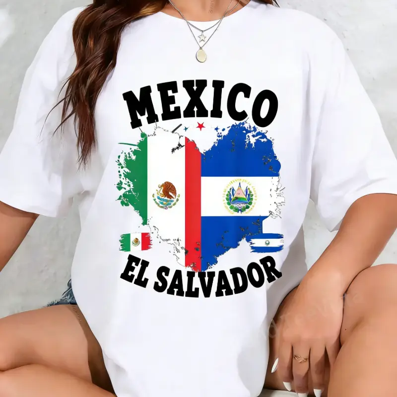 Women's Unisex 100% Cotton Oversized Round Neck T-Shirt, Mexico & Salvador Flag Costume for Salvadoreño, Breathable Fabric