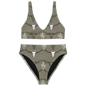 Longhorn Skull Recycled High-waisted Print Bikini Set, Summer Swimsuit Sets, Bathing Suits Ladies Swimming Suit