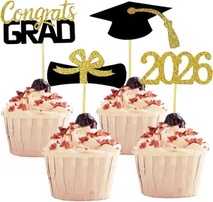 2026 Graduation Cupcake Toppers, 48 PCS Food/Appetizer Picks for Graduation Party Mini Cake Decorations, Diploma, 2026, Grad Cap Set 48 Pieces (01 Gold) YuBoBo
